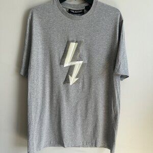 Neil Barrett T Shirt Size Medium Gray Lightning Tape Logo MADE in ITALY